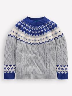 Mini Boden Kids' Wool Blend Fair Isle Cable Jumper, Grey Marl