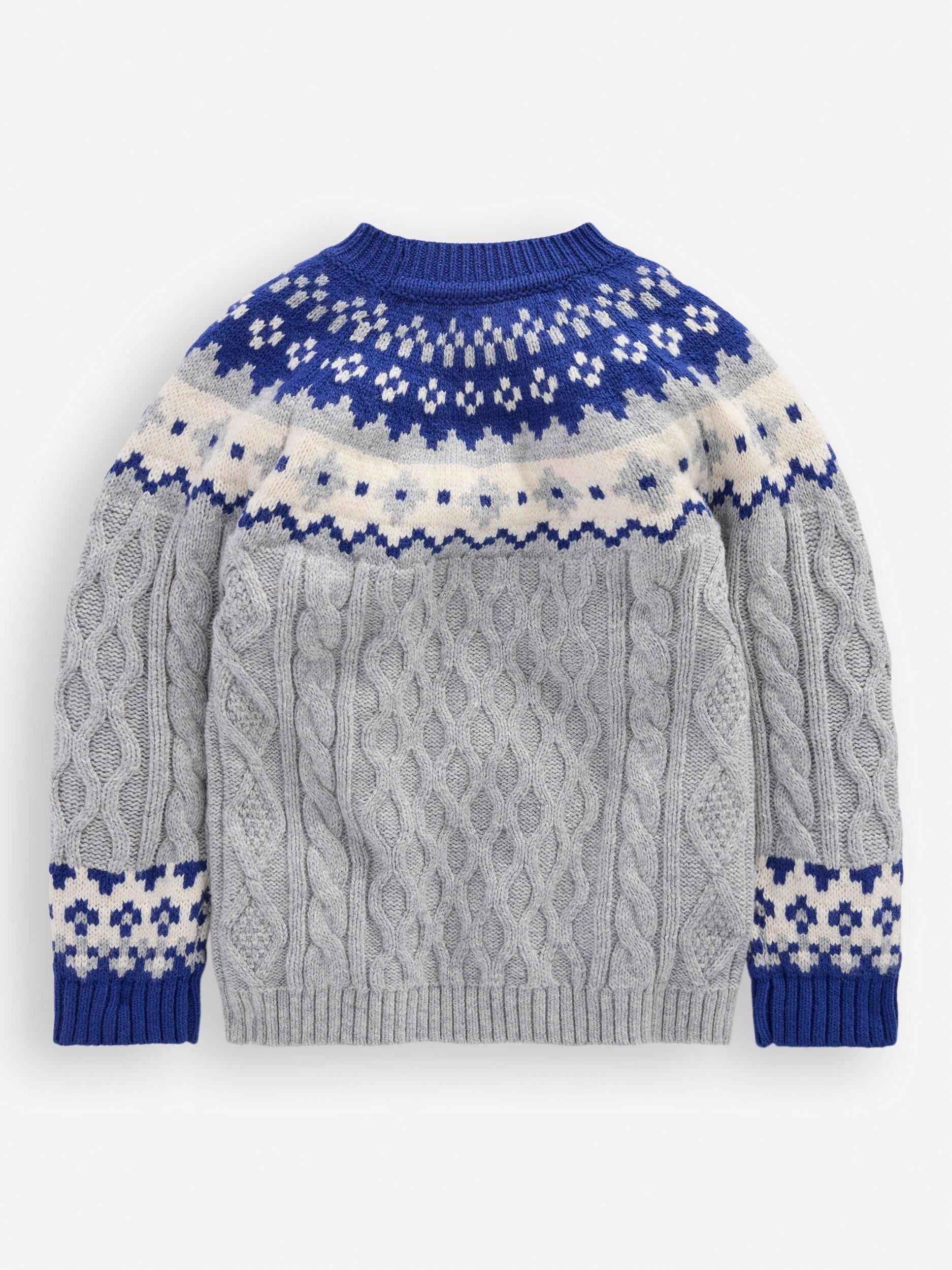 Product image 2 of 3, which shows Mini Boden Kids' Wool Blend Fair Isle Cable Jumper, Grey Marl, 4-5 years
