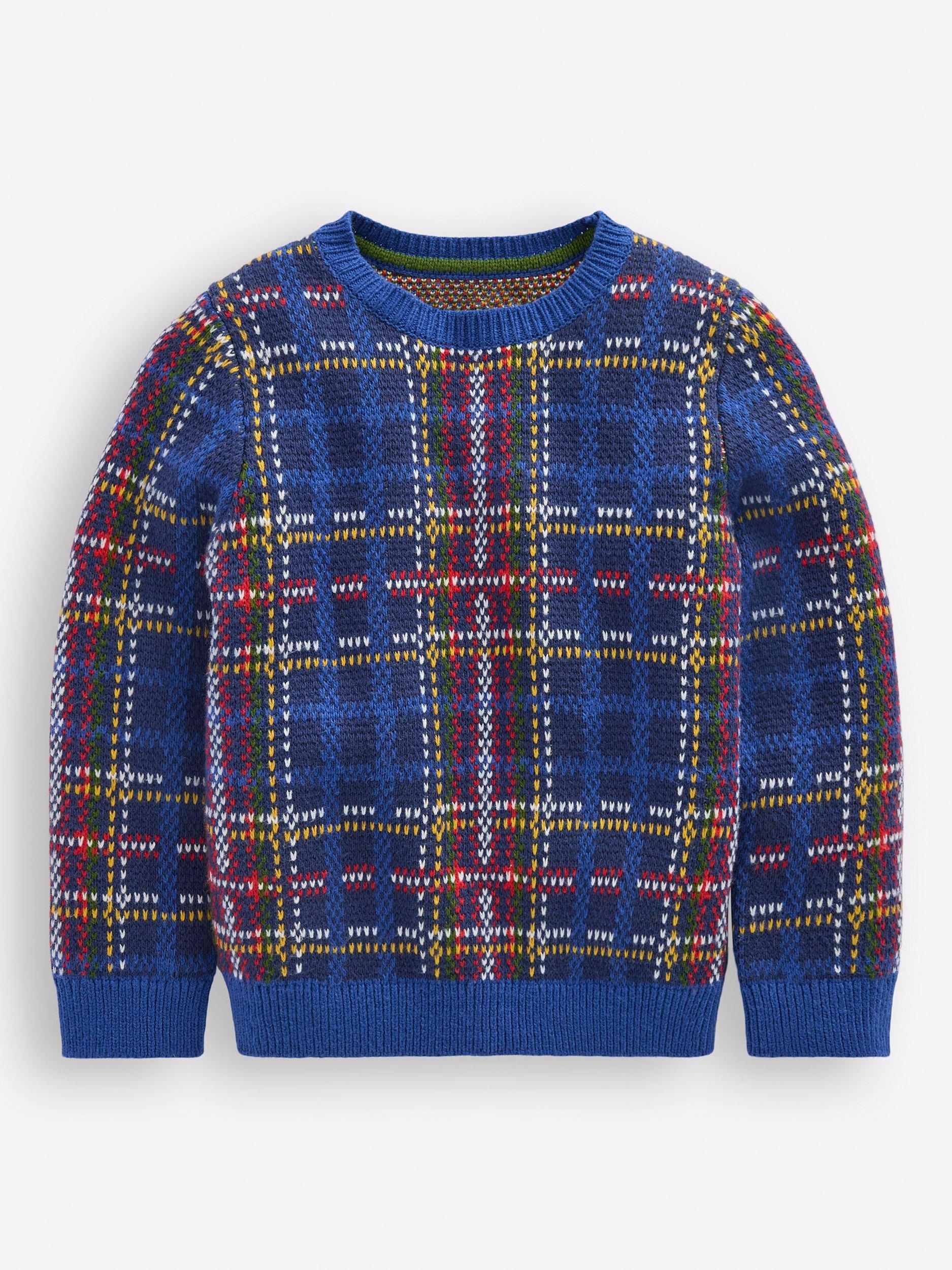Product image 1 of 3, which shows Mini Boden Kids' Cotton Blend Heritage Check Jumper, Medieval Blue Check, 2-3 years