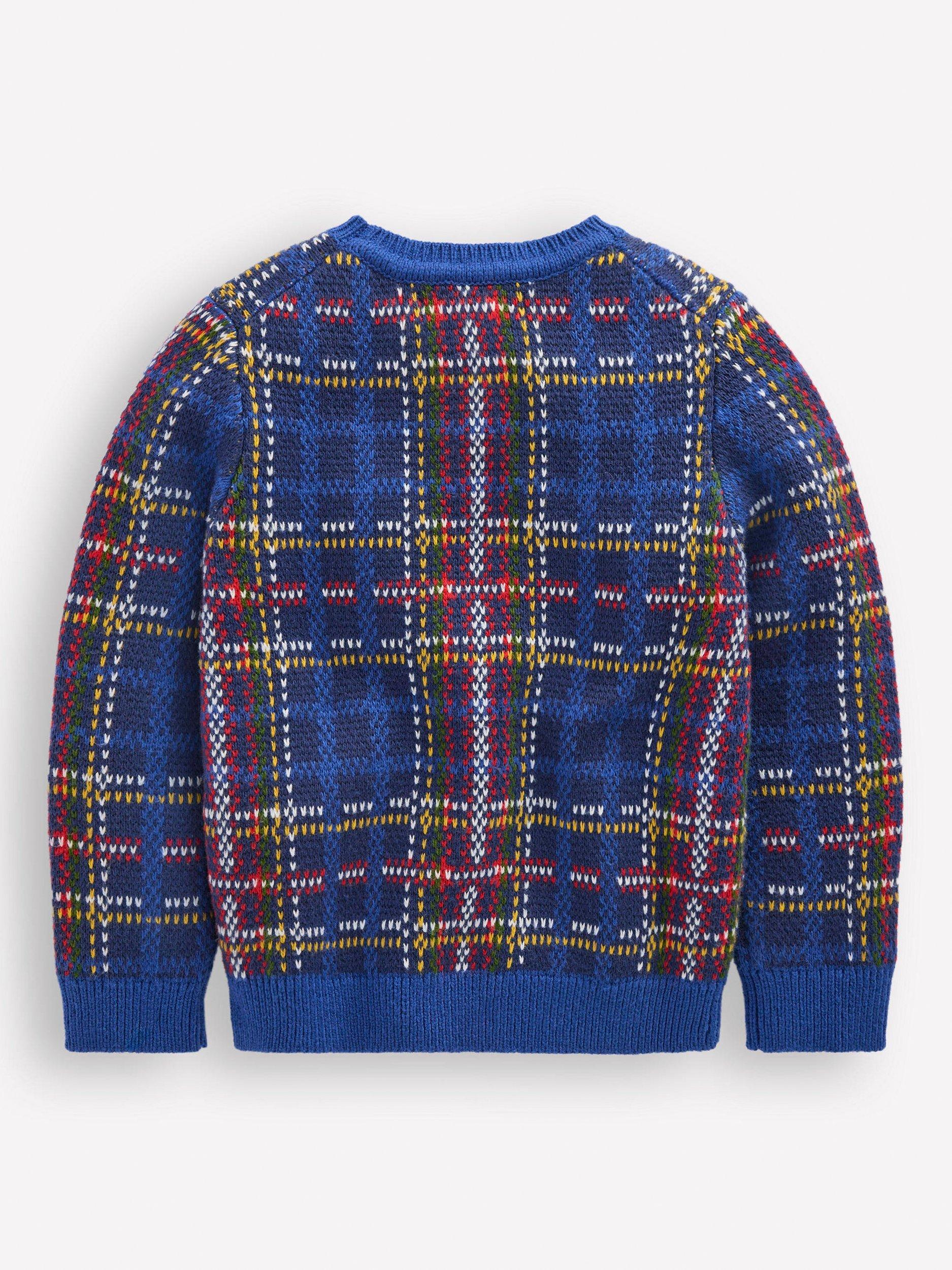 Product image 2 of 3, which shows Mini Boden Kids' Cotton Blend Heritage Check Jumper, Medieval Blue Check, 2-3 years