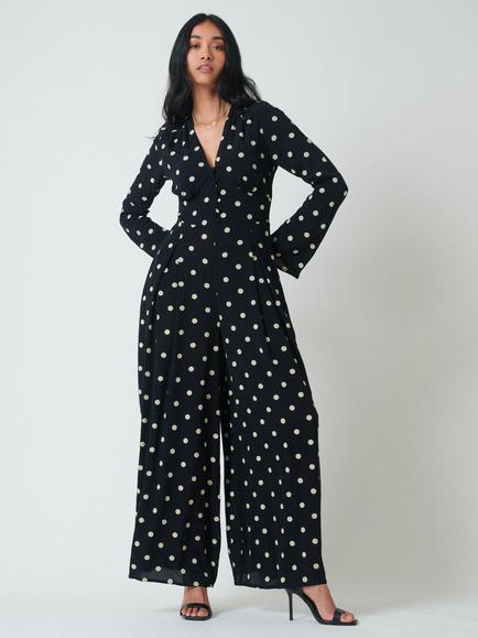 Nobody's Child Petite Valencia Polka Dot Wide Leg Jumpsuit containing LENZING™ ECOVERO™ Viscose, Black/White, Black/White