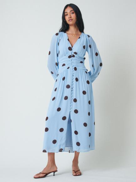 Nobody's Child Petite Luna Ruched Waist Polka Dot Midi Dress containing LENZING™ ECOVERO™ Viscose, Blue/Black, Blue/Black