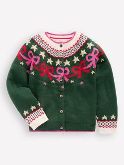 Mini Boden Kids' Edie Cotton Blend Fair Isle Cardigan, Emerald Night Bows