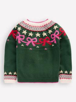 Mini Boden Kids' Edie Cotton Blend Fair Isle Cardigan - view 2, Emerald Night Bows