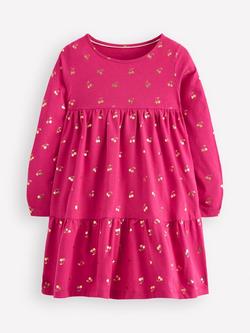 Mini Boden Kids' Ariel Cotton Long Sleeve Tiered Midi Dress, Cherry Jam