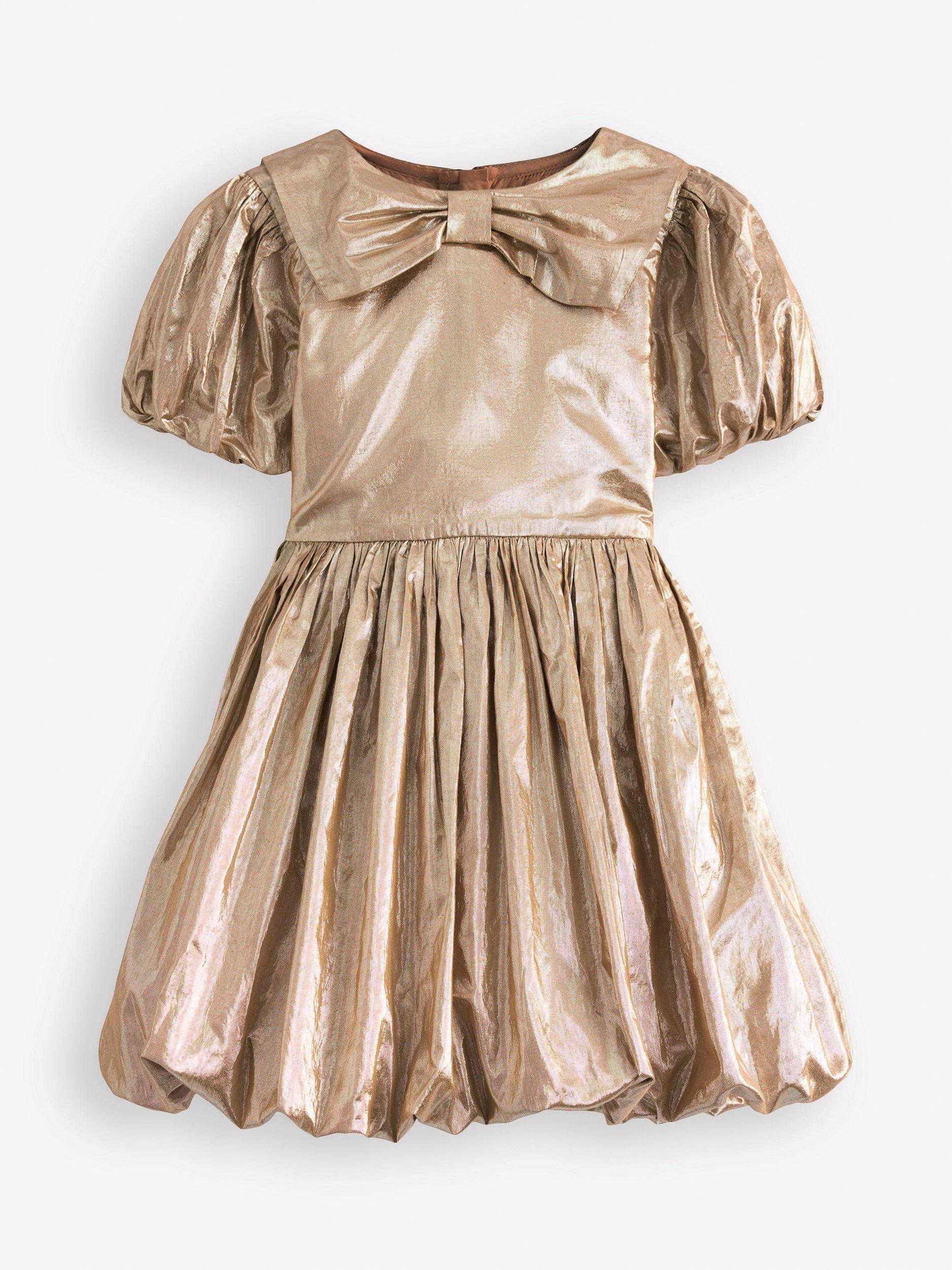 Product image 1 of 3, which shows Mini Boden Kids' Bubble Hem Short Sleeve Dress, Gold, 2-3 years