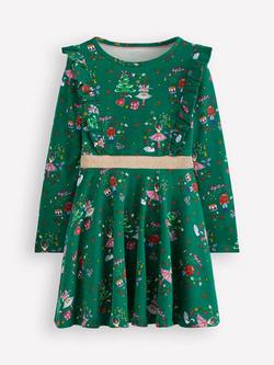 Mini Boden Kids' Cora Cotton Twirly Long Sleeve Jersey Dress, Green Nutcracker