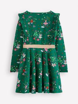 Mini Boden Kids' Cora Cotton Twirly Long Sleeve Jersey Dress - view 2, Green Nutcracker