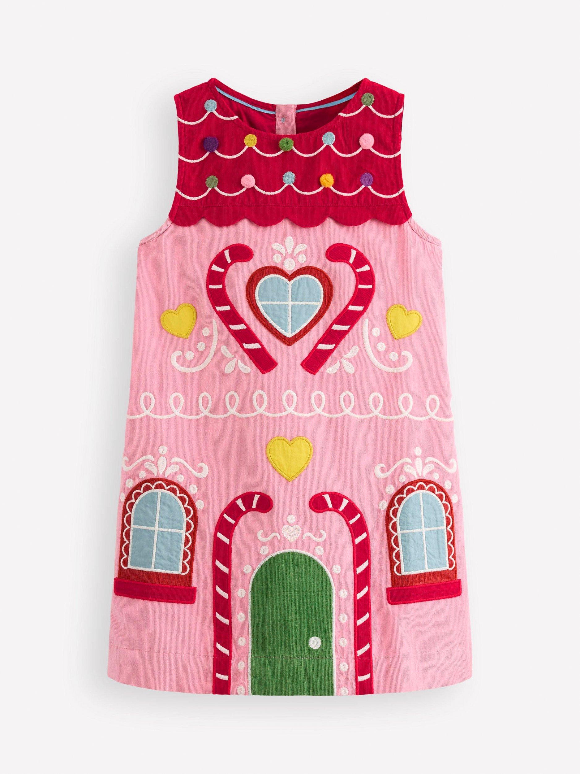 Product image 1 of 3, which shows Mini Boden Kids' Logo Pinafore Dress, Pink House, 2-3 years