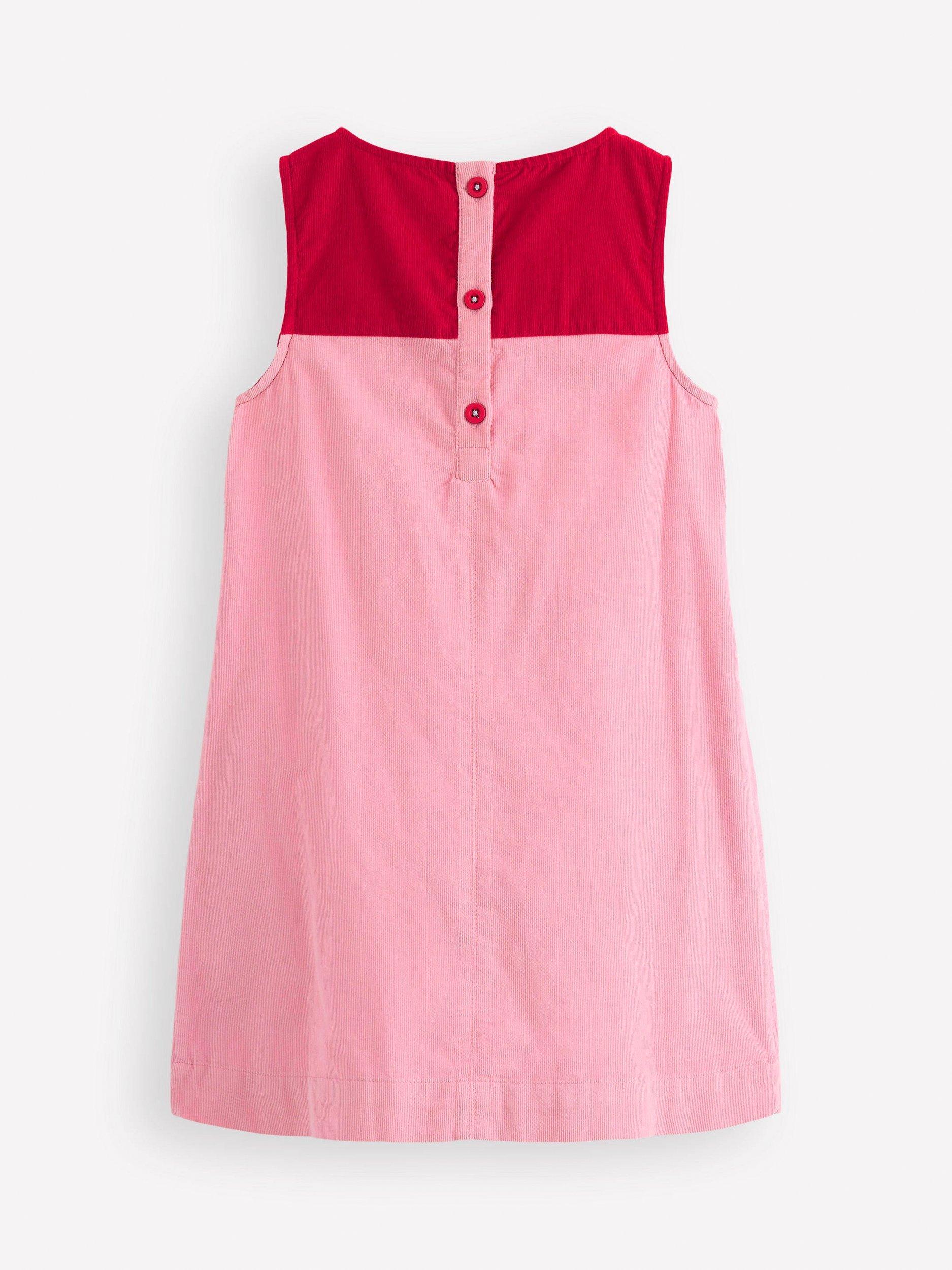 Product image 2 of 3, which shows Mini Boden Kids' Logo Pinafore Dress, Pink House, 2-3 years