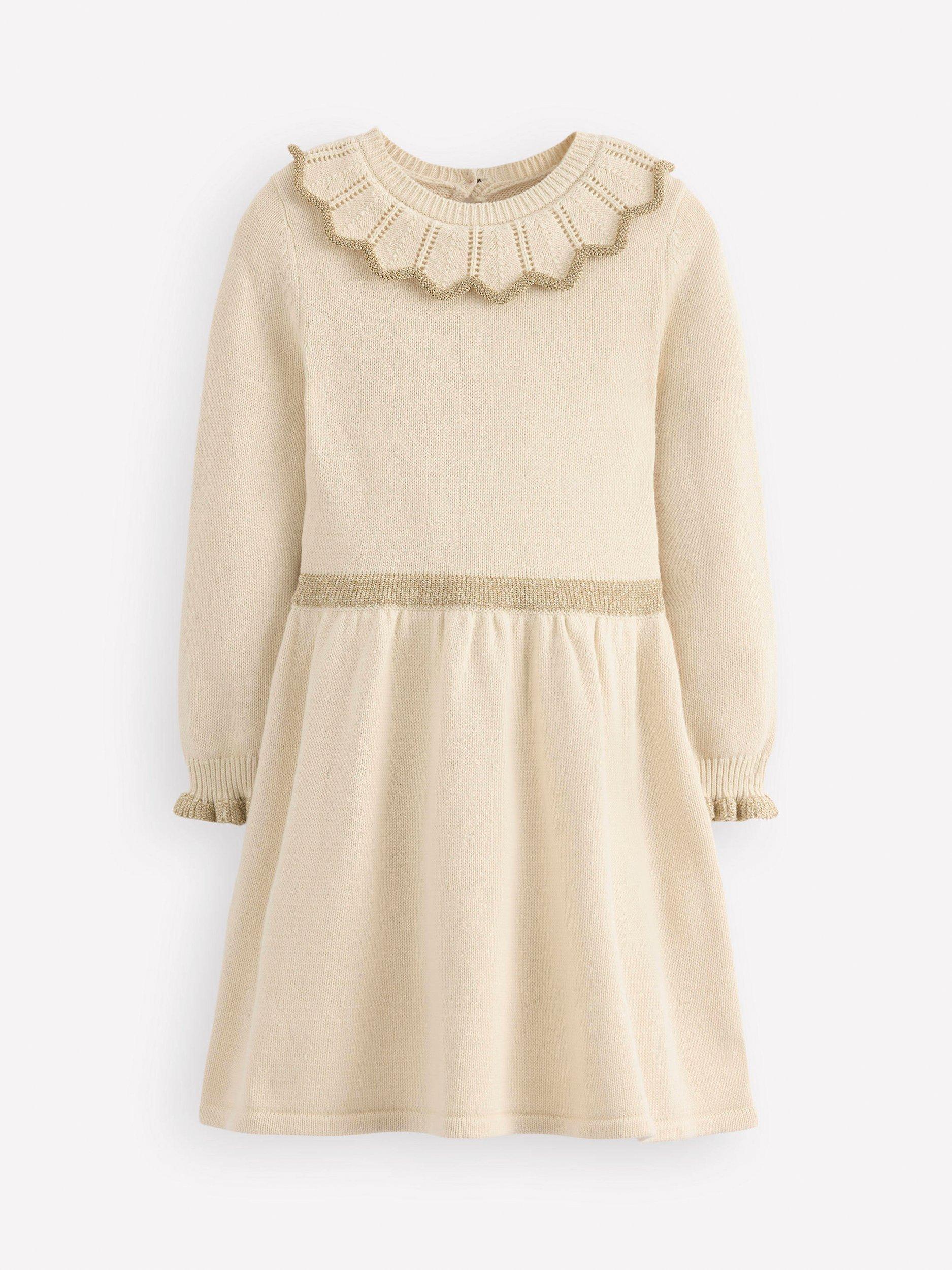 Product image 1 of 3, which shows Mini Boden Kids' Cotton Blend Collared Long Sleeve Dress, Soft Ivory, 3-4 years