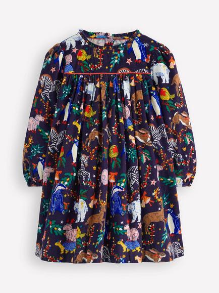 Mini Boden Kids' Cotton Ruffle Neck Smock Dress, Navy Christmas Party