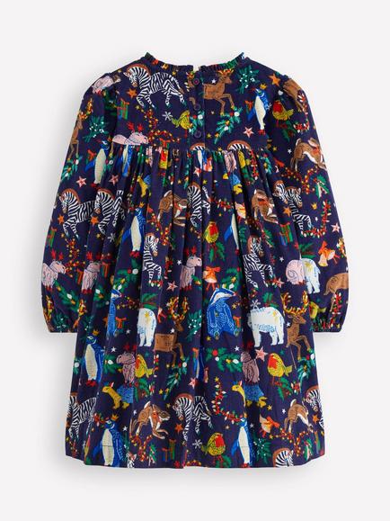 Mini Boden Kids' Cotton Ruffle Neck Smock Dress - view 2, Navy Christmas Party