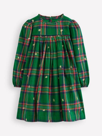 Mini Boden Kids' Cotton Ruffle Neck Smock Dress, Star Check