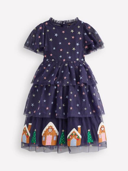 Mini Boden Kids' Star Tulle Tiered Midi Dress, Medieval Blue