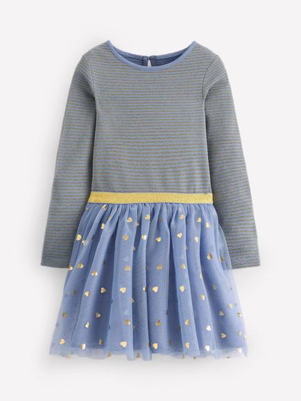 Mini Boden Kids' Cotton Blend Stripe Star Twirly Tulle Midi Dress, Blue/Gold Confetti
