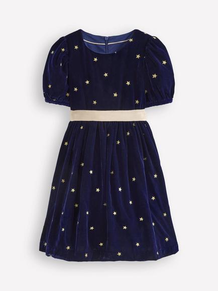 Mini Boden Kids' Velvet Star Short Sleeve Midi Dress, Navy Gold Stars