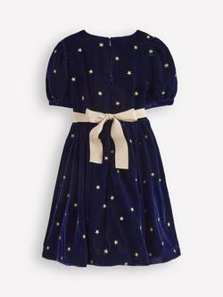 Mini Boden Kids' Velvet Star Short Sleeve Midi Dress - view 2, Navy Gold Stars