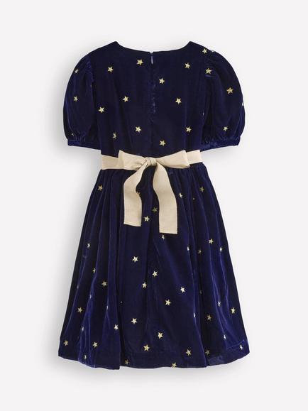 Mini Boden Kids' Velvet Star Short Sleeve Midi Dress - view 2, Navy Gold Stars
