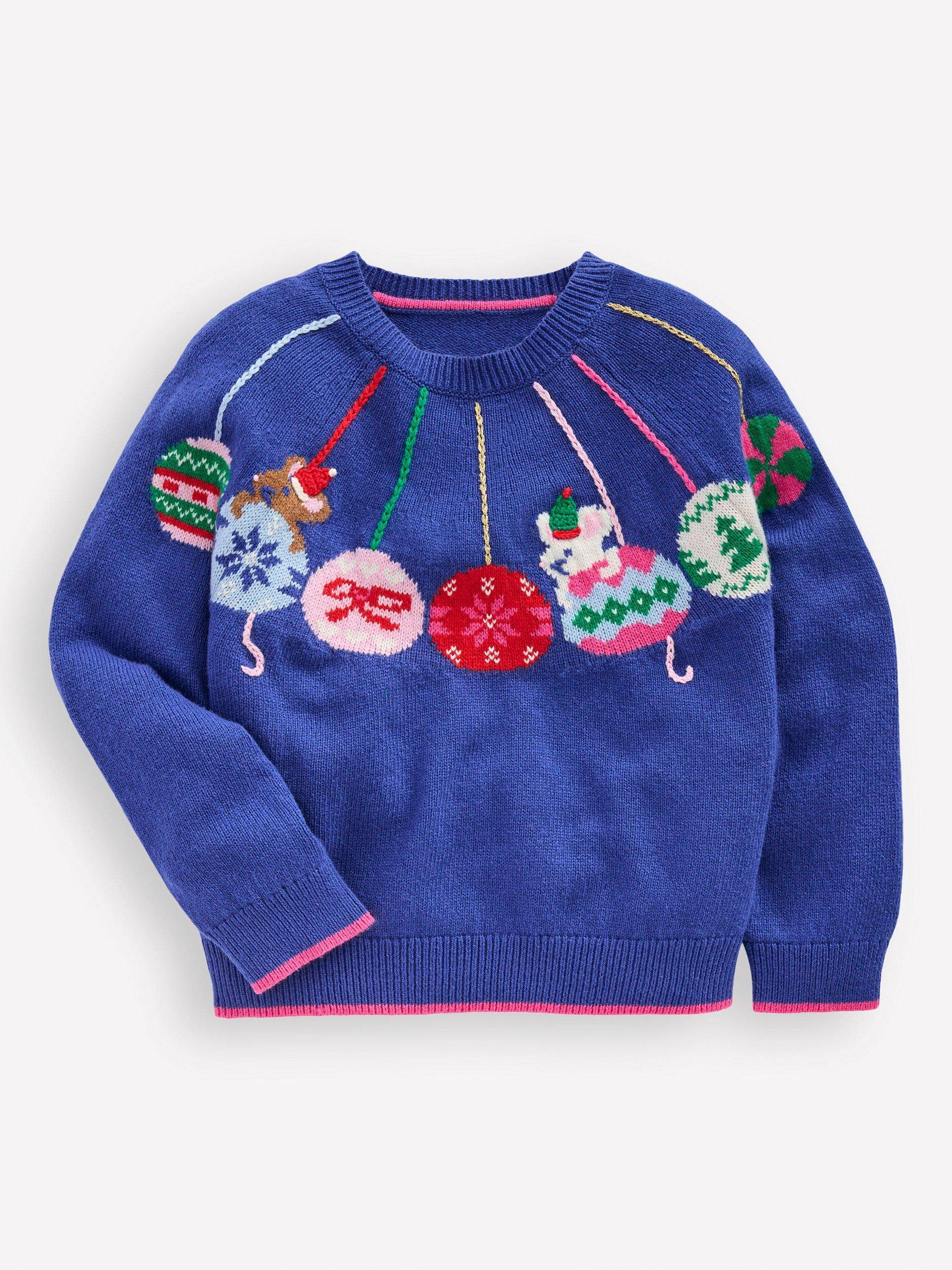 Product image 1 of 3, which shows Mini Boden Kids' Cotton Blend Fun Logo Jumper, College Navy Baubles, 5-6 years