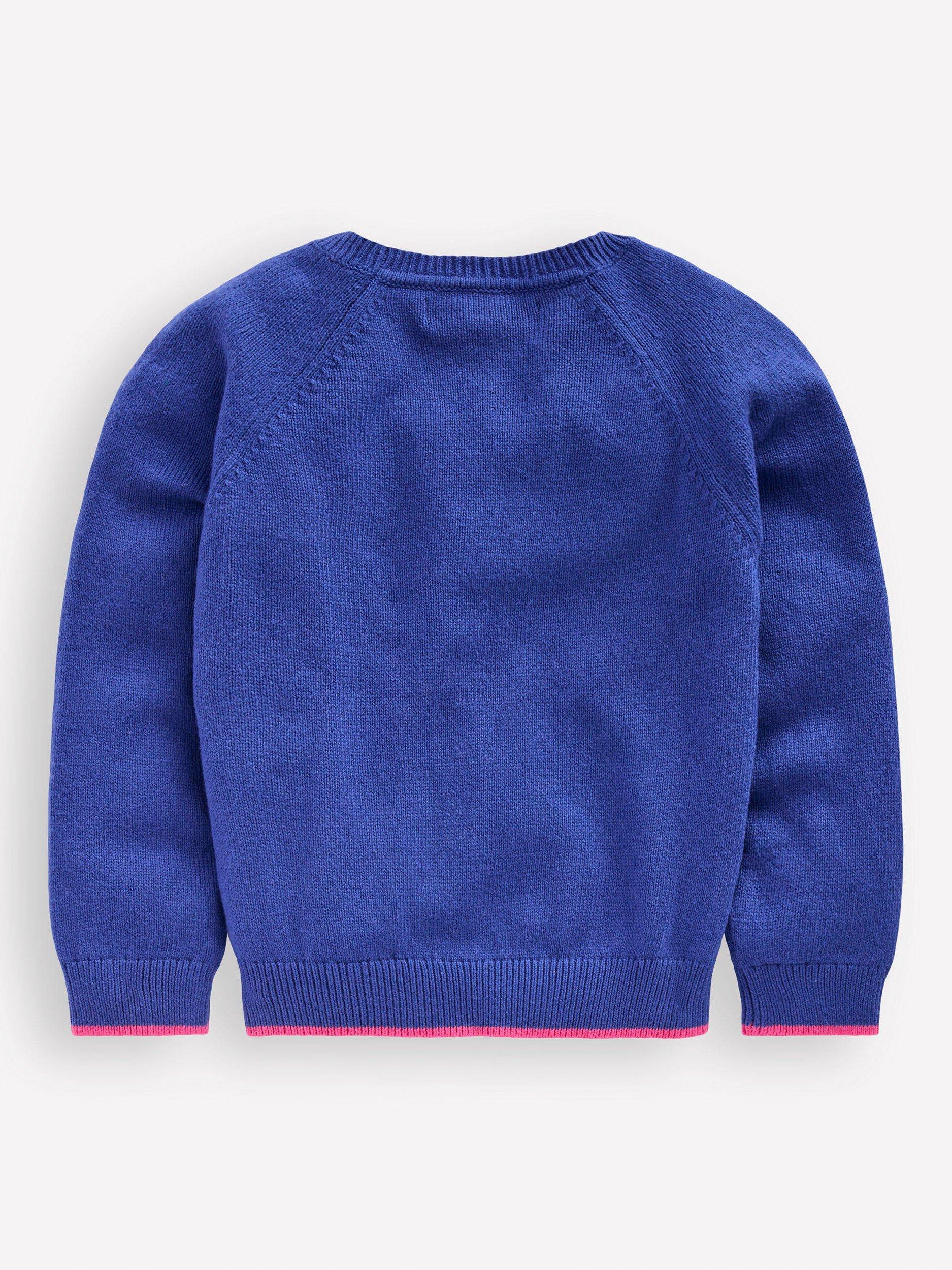 Product image 2 of 3, which shows Mini Boden Kids' Cotton Blend Fun Logo Jumper, College Navy Baubles, 5-6 years