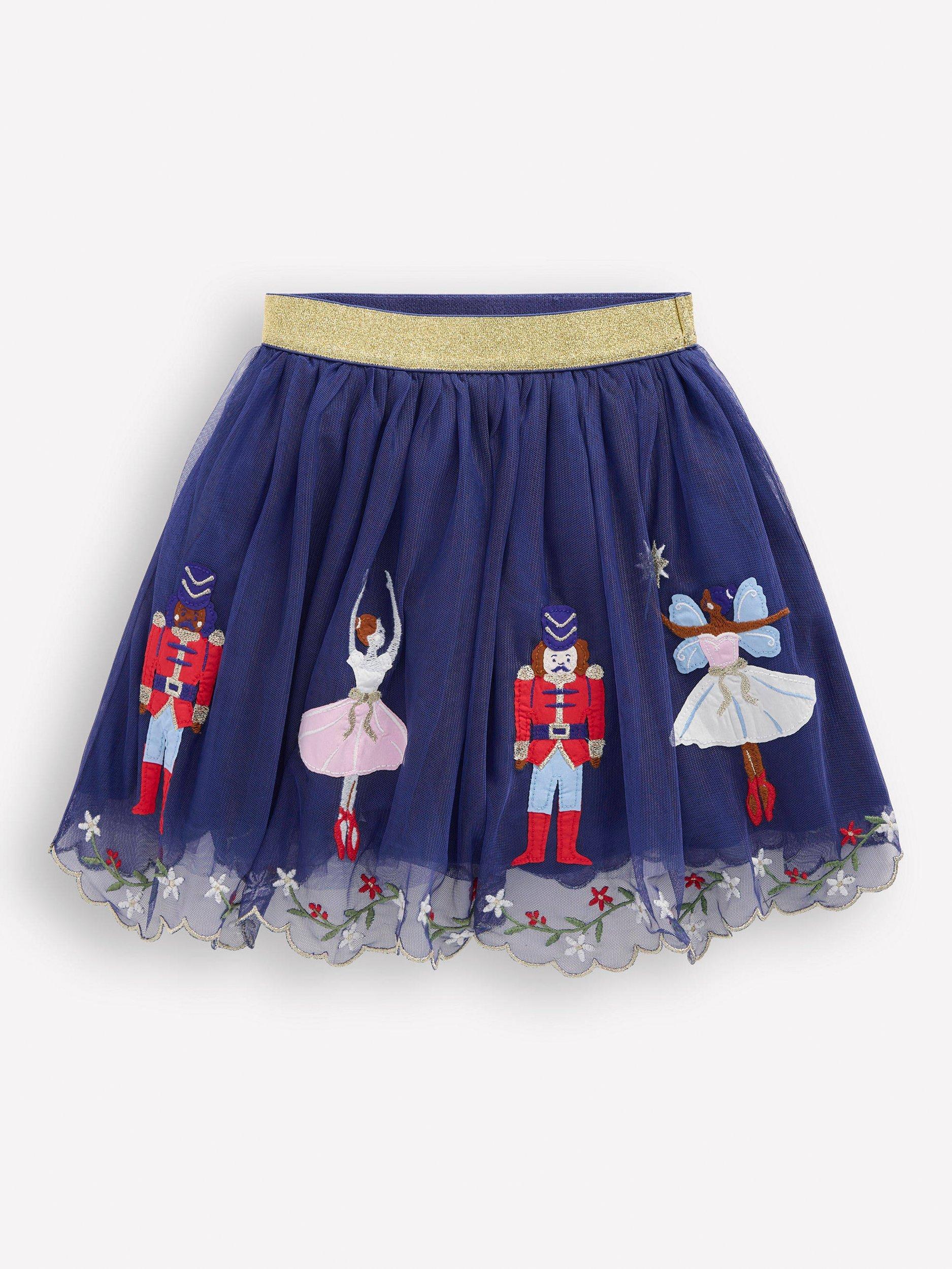 Product image 1 of 3, which shows Mini Boden Kids' Applique Tulle Flared Mini Skirt, Blue Nutcracker, 7-8 years