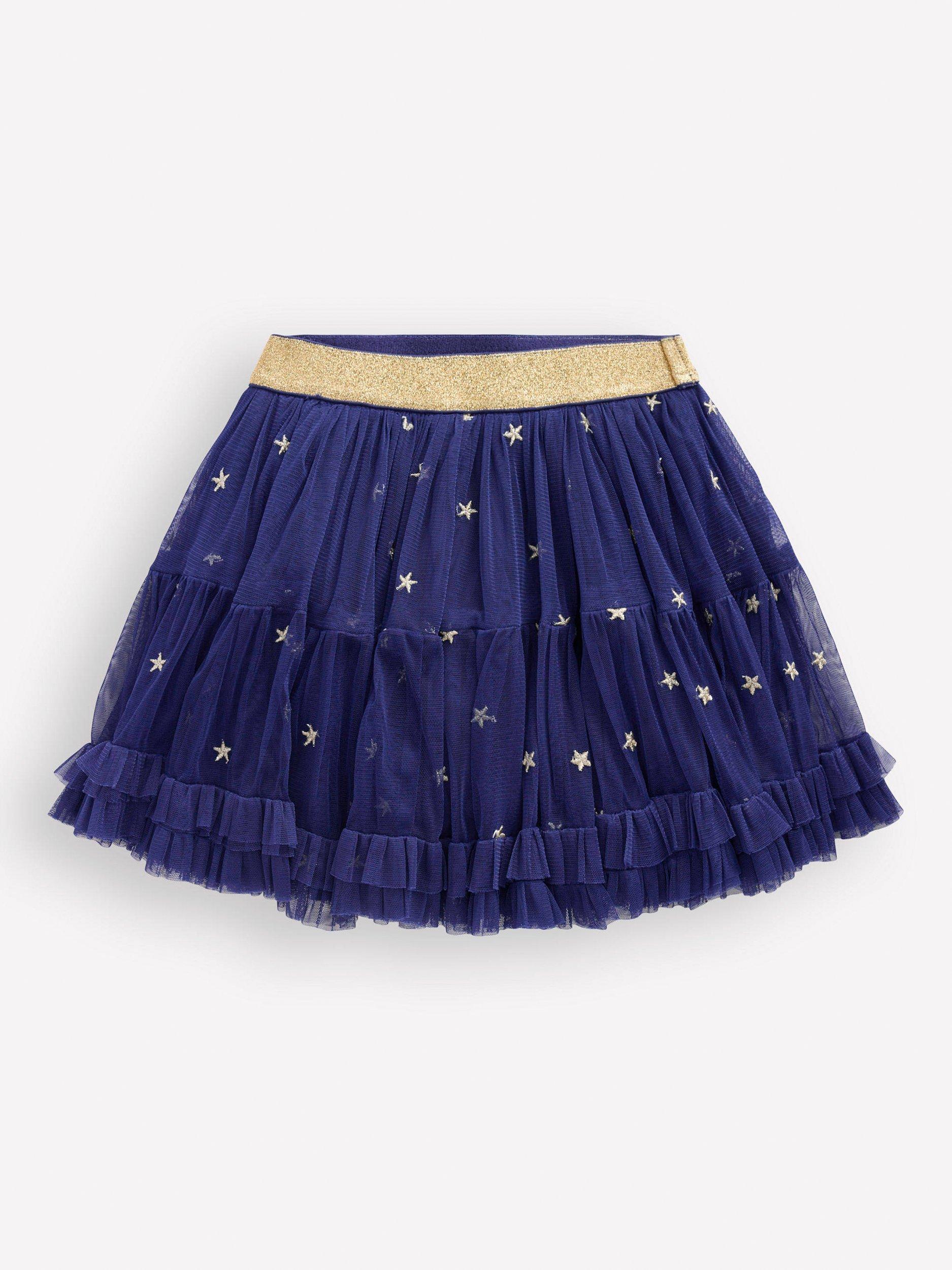 Product image 1 of 3, which shows Mini Boden Kids' Star Tulle Mini Skirt, Navy Stars, 6-7 years
