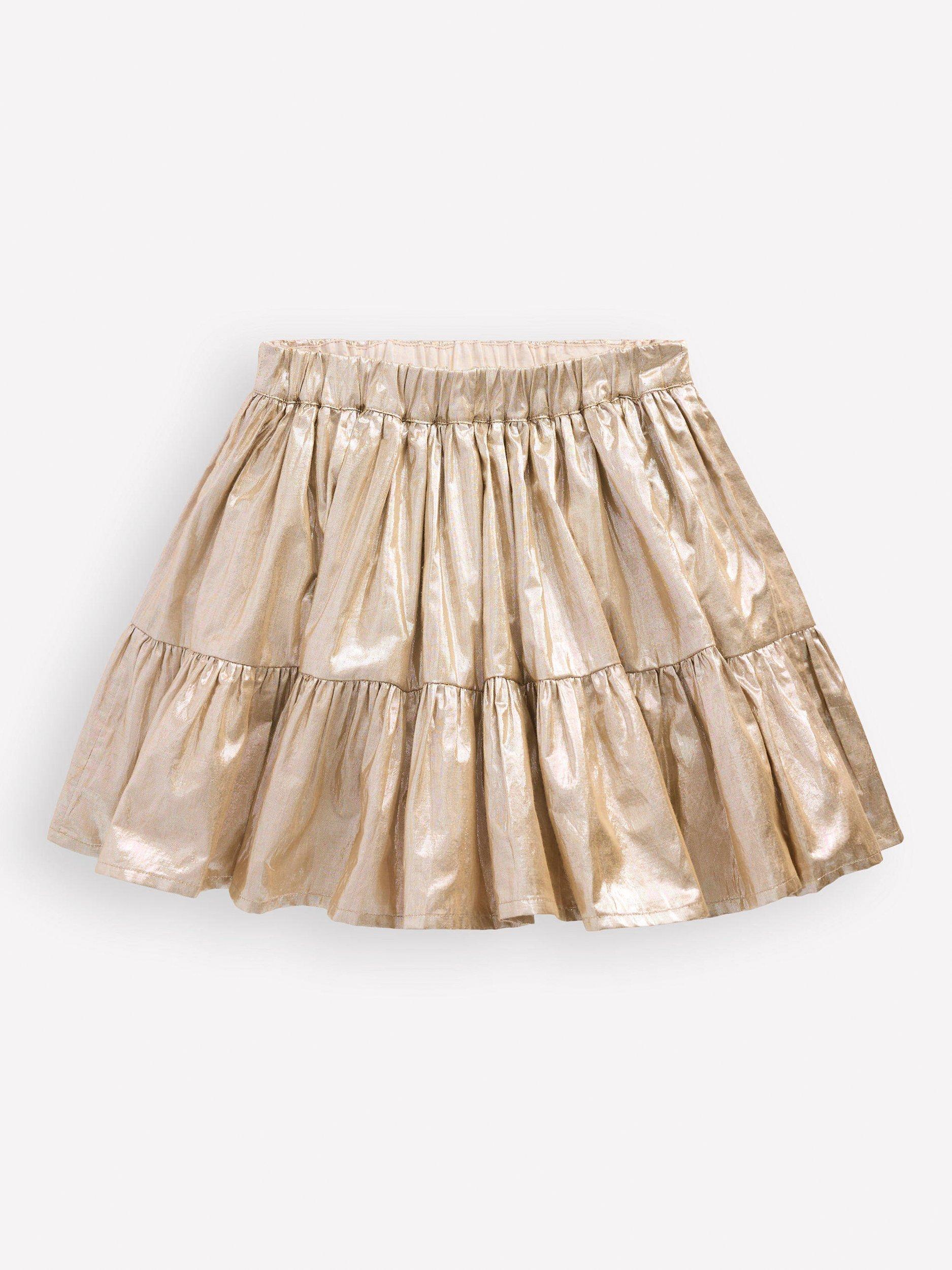 Product image 1 of 3, which shows Mini Boden Kids' Metallic Tiered Skirt, Gold Metallic, 2-3 years
