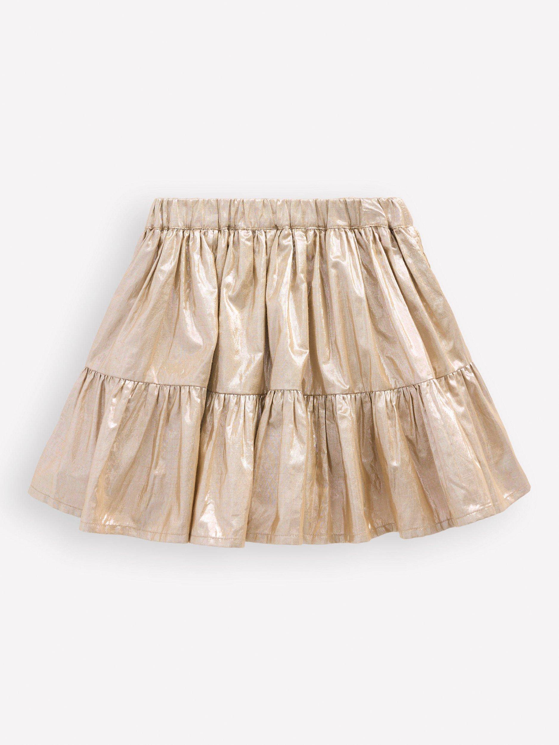 Product image 2 of 3, which shows Mini Boden Kids' Metallic Tiered Skirt, Gold Metallic, 2-3 years