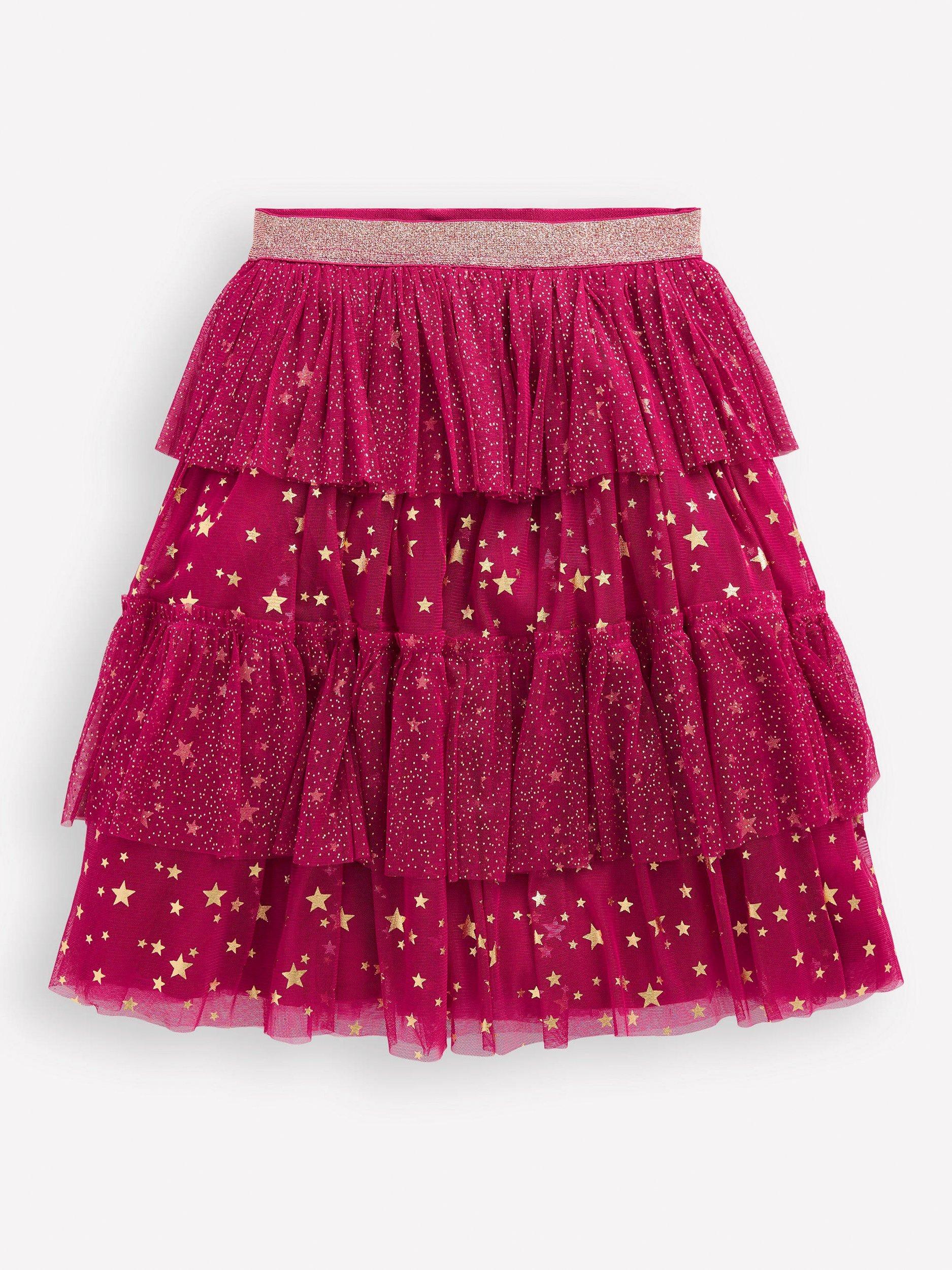 Product image 1 of 3, which shows Mini Boden Kids' Star Tulle Ruffle Midi Skirt, Cherry Jam, 2-3 years