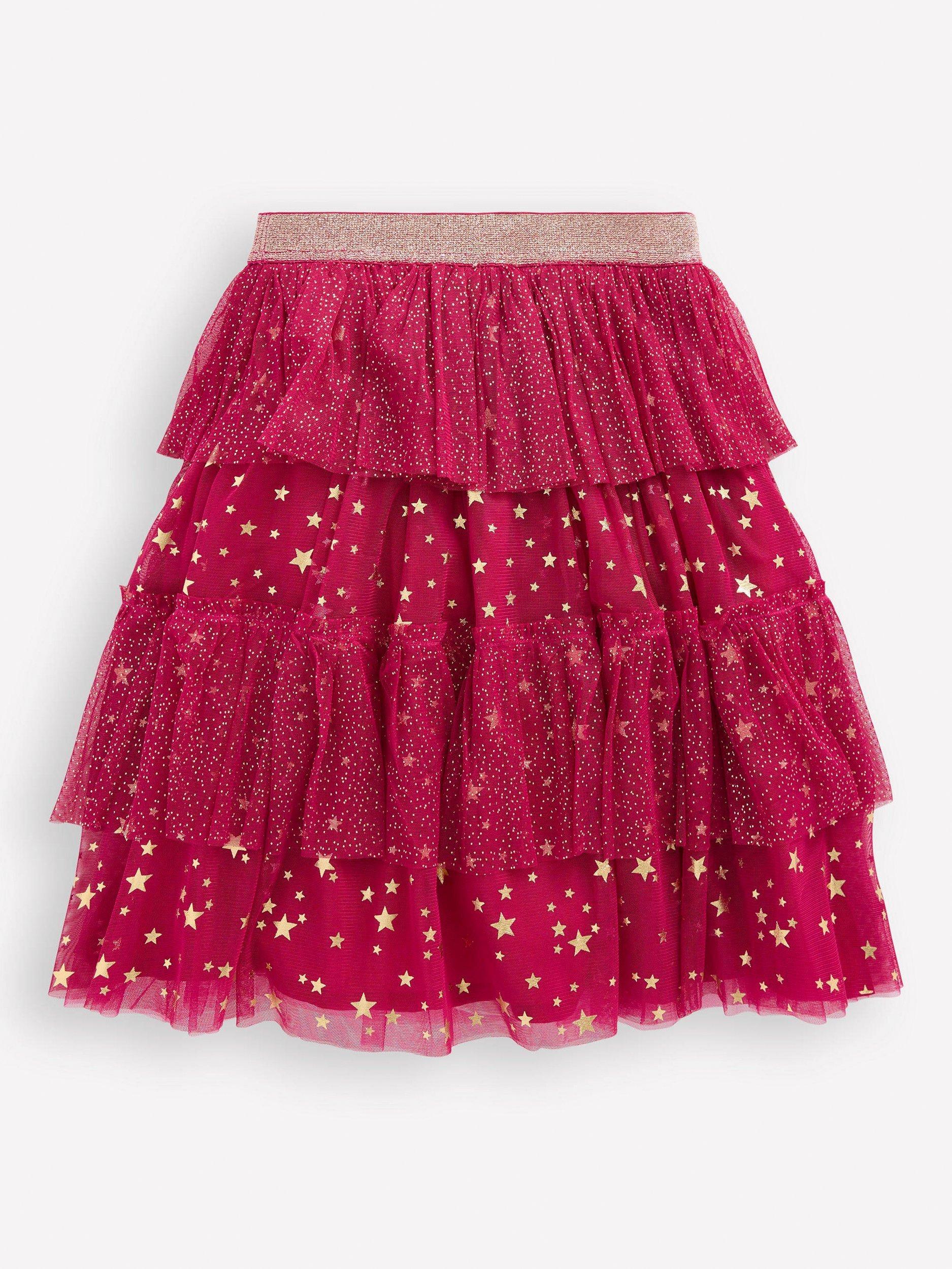 Product image 2 of 3, which shows Mini Boden Kids' Star Tulle Ruffle Midi Skirt, Cherry Jam, 2-3 years