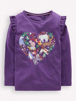 Mini Boden Kids' Long Sleeve Glow-in-the-Dark Top, Purple Animal Heart, Purple Animal Heart