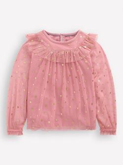 Mini Boden Kids' Star Tulle Long Sleeve Party Top, Almond Pink Stars