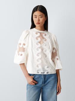 AND/OR Giselle Short Sleeve Cut Out Cotton Top, Ecru, Ecru
