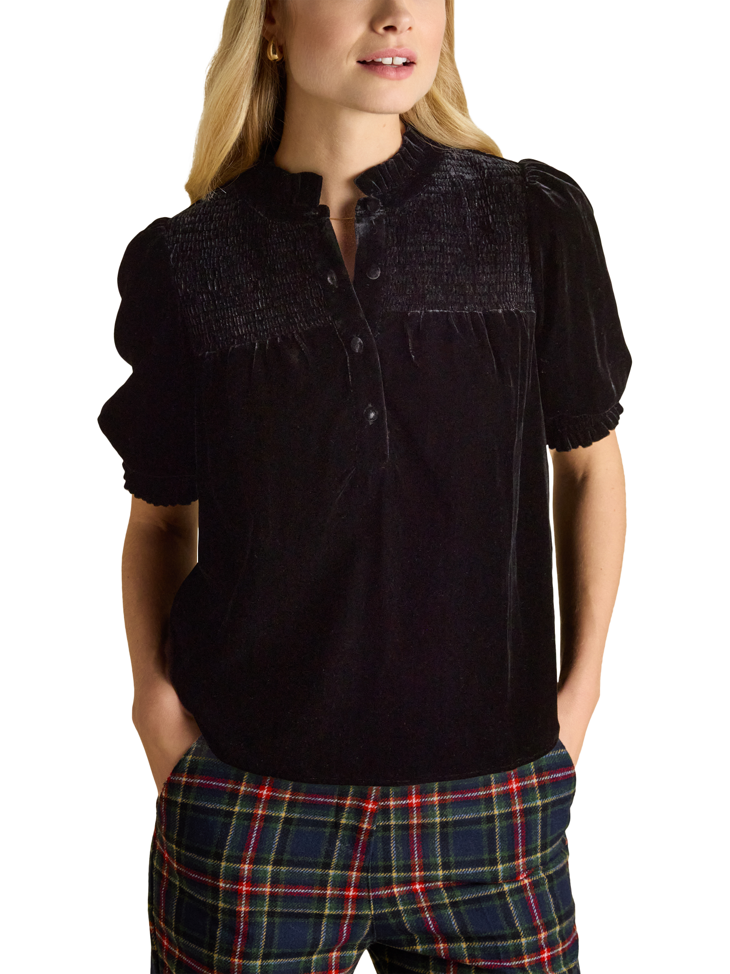 Product image 1 of 5, which shows Joules Silvia Smocked Velvet Blouse, Black, 8