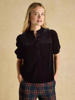 Joules Silvia Smocked Velvet Blouse, Black, Black