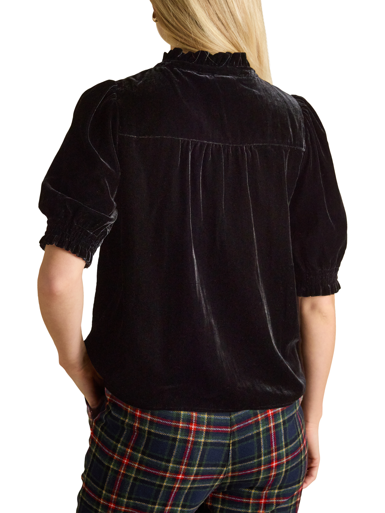 Product image 2 of 5, which shows Joules Silvia Smocked Velvet Blouse, Black, 8