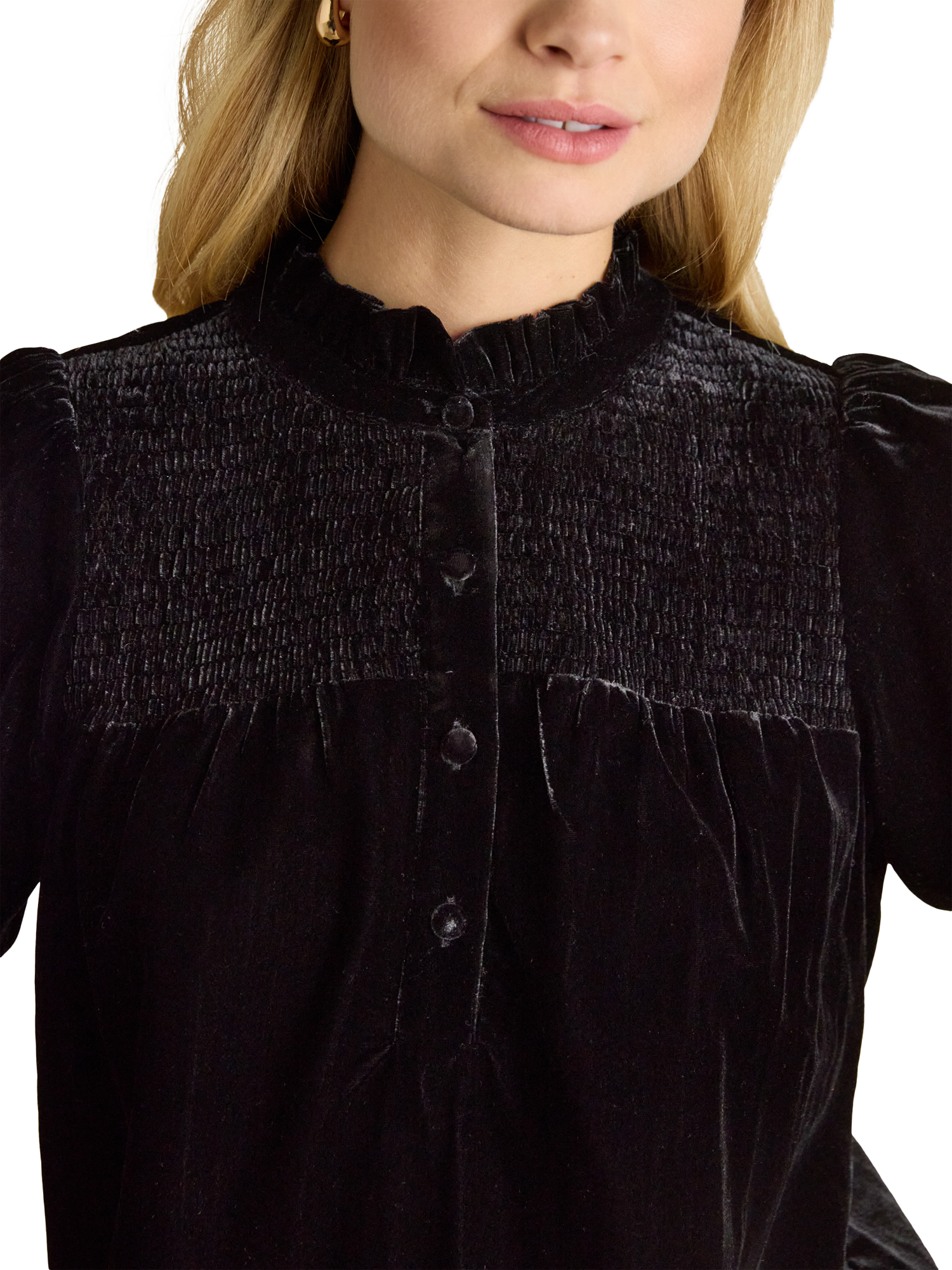 Product image 3 of 5, which shows Joules Silvia Smocked Velvet Blouse, Black, 8