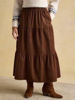 Joules Corduroy Tiered Midi Skirt, Brown, Brown