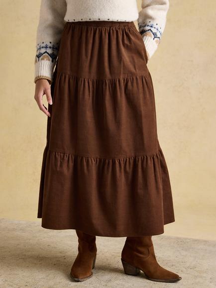 Joules Corduroy Tiered Midi Skirt, Brown, Brown