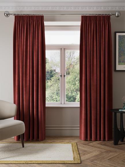 John Lewis Matte Velvet Pair Blackout Lined Pencil Pleat Curtains, Red