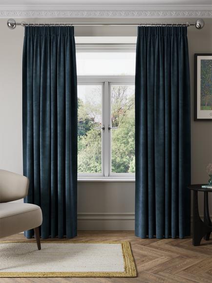 John Lewis Matte Velvet Pair Blackout Lined Pencil Pleat Curtains, Loch Blue Navy