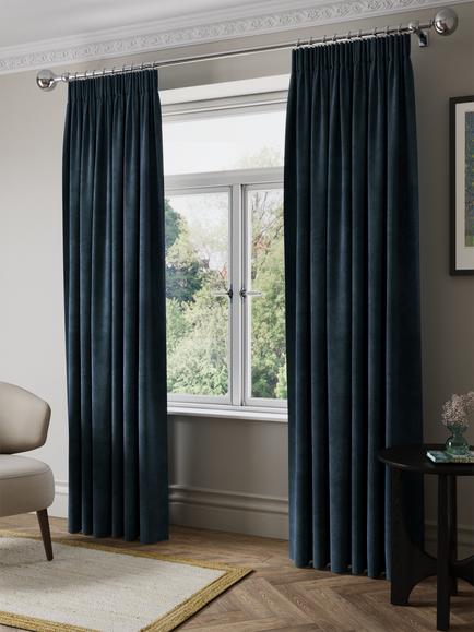 John Lewis Matte Velvet Pair Blackout Lined Pencil Pleat Curtains - view 2, Loch Blue Navy