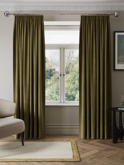 John Lewis Matte Velvet Pair Blackout Lined Pencil Pleat Curtains, Dark Khaki