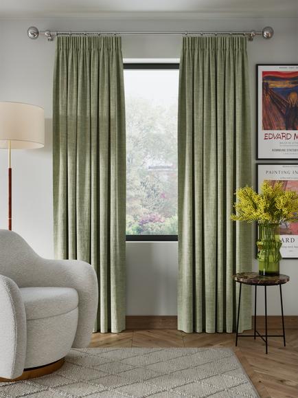 John Lewis Textured Weave Pair Blackout Lined Pencil Pleat Curtains, Dark Pistachio