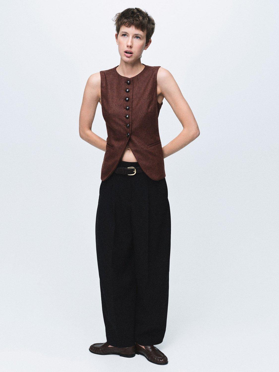 Product image 2 of 7, which shows Mango Greta Tailored Wool Rich Waistcoat, Medium Brown, L