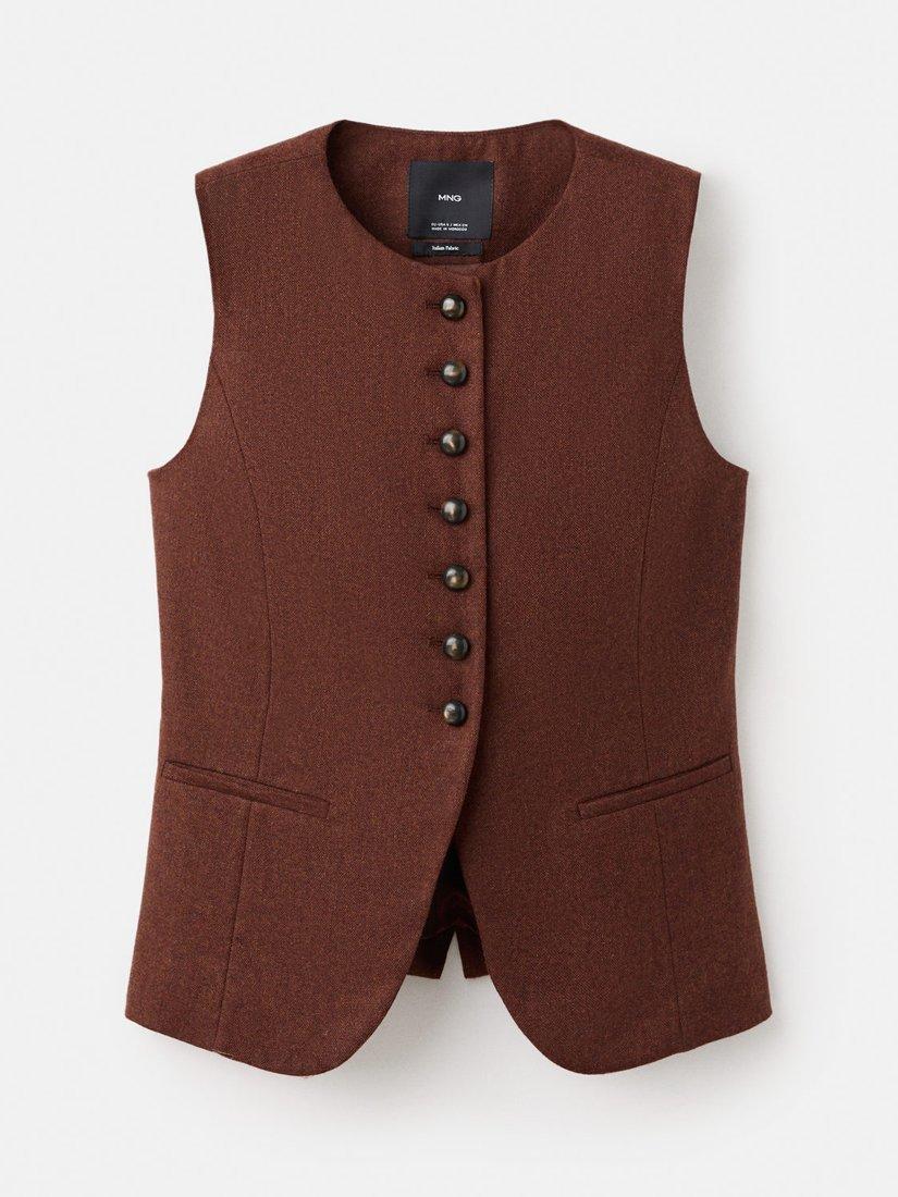 Product image 3 of 7, which shows Mango Greta Tailored Wool Rich Waistcoat, Medium Brown, L