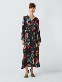 John Lewis Long Sleeved Tie Waist Midi Dress, Rose Print, Rose Print