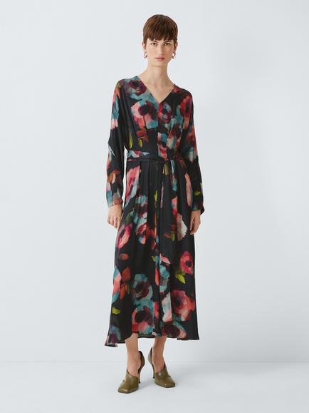 John Lewis Long Sleeved Tie Waist Midi Dress, Rose Print, Rose Print