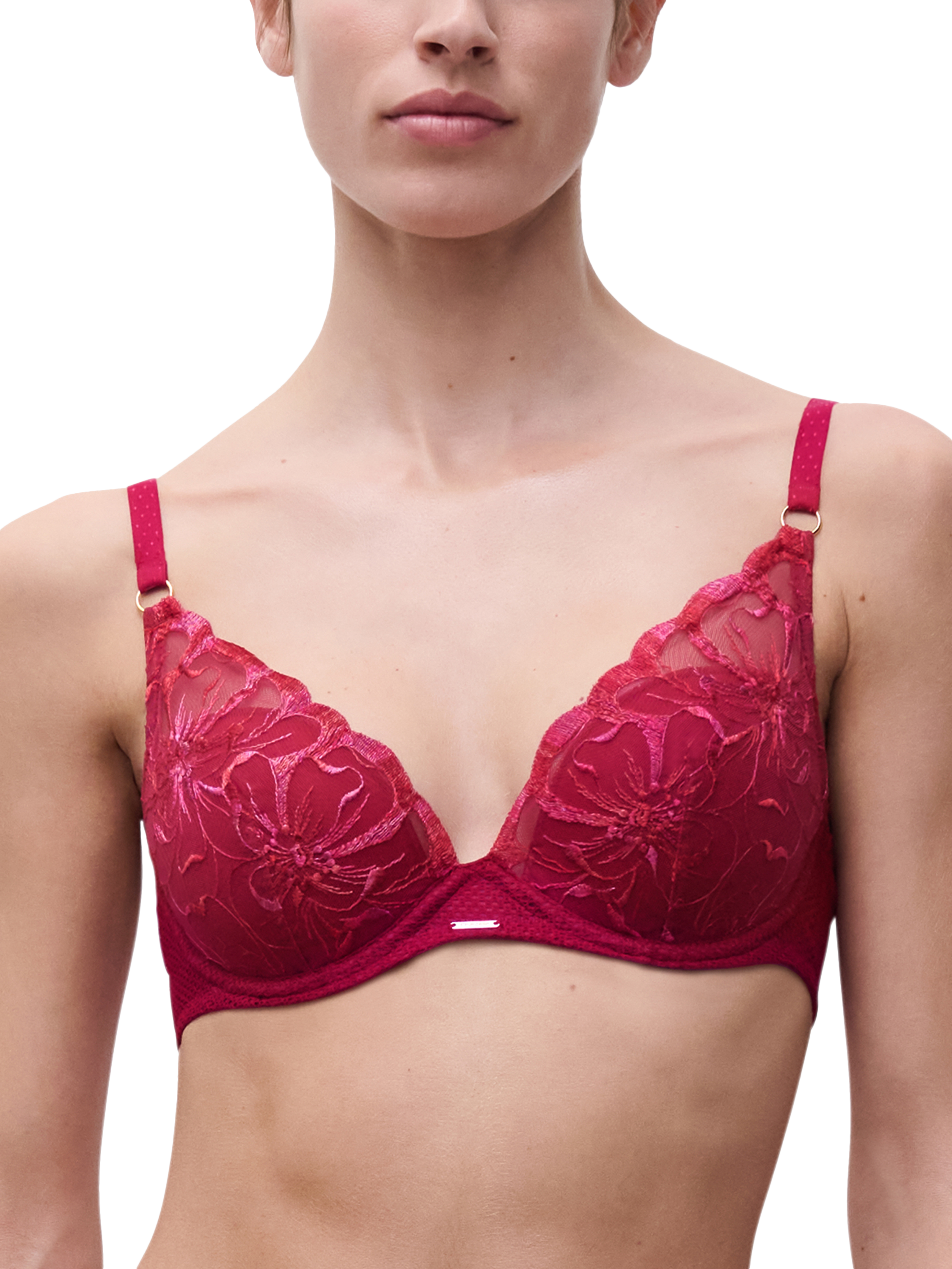 Product image 1 of 6, which shows Chantelle Fleurs Plunge T-Shirt Bra, Candy Apple, 32F